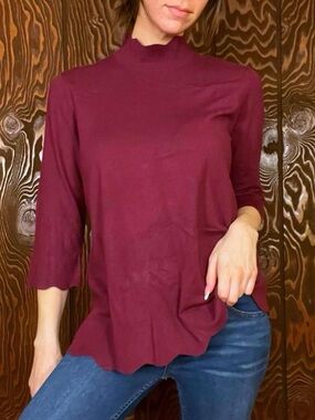 Grace Burgundy Scallop Mock Neck 3/4 Sleeve Top